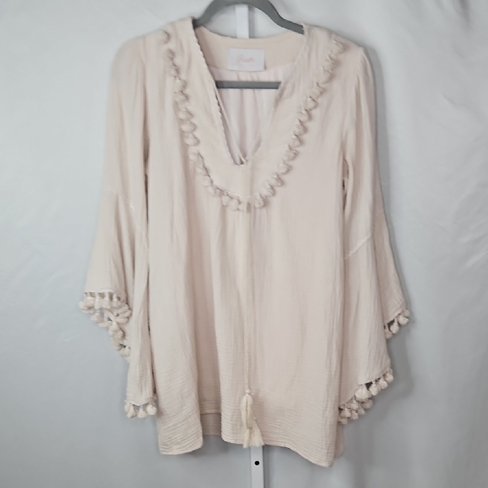 Blush Boutique Cream Blouse with Tassel Accents Size Medium